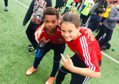 Two kids on soccer field