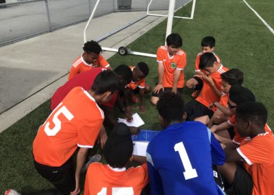 Soccer team huddling